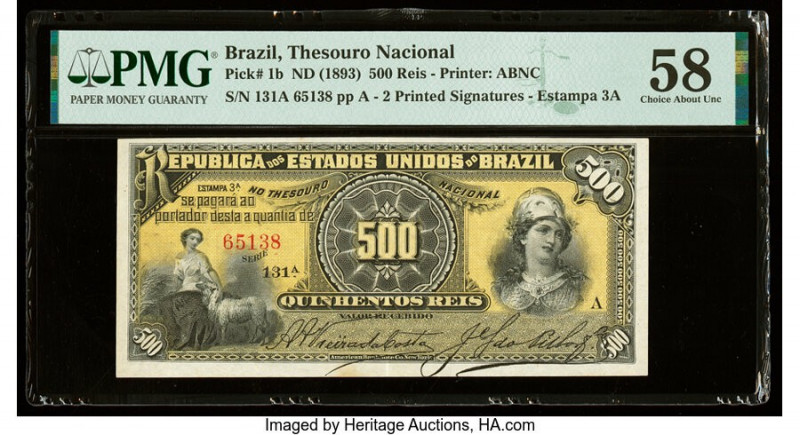 Brazil Thesouro Nacional 500 Reis ND (1893) Pick 1b PMG Choice About Unc 58. 

H...