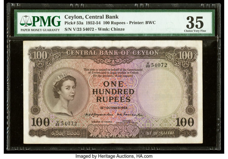 Ceylon Central Bank of Ceylon 100 Rupees 16.10.1954 Pick 53a PMG Choice Very Fin...