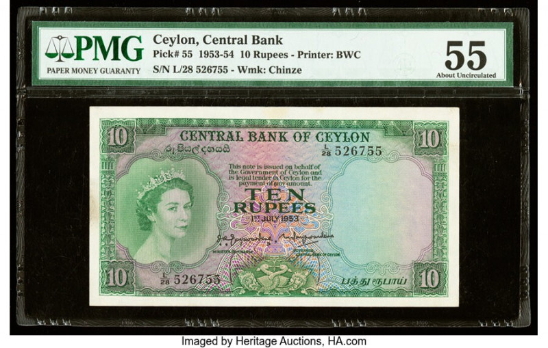 Ceylon Central Bank of Ceylon 10 Rupees 1.7.1953 Pick 55 PMG About Uncirculated ...