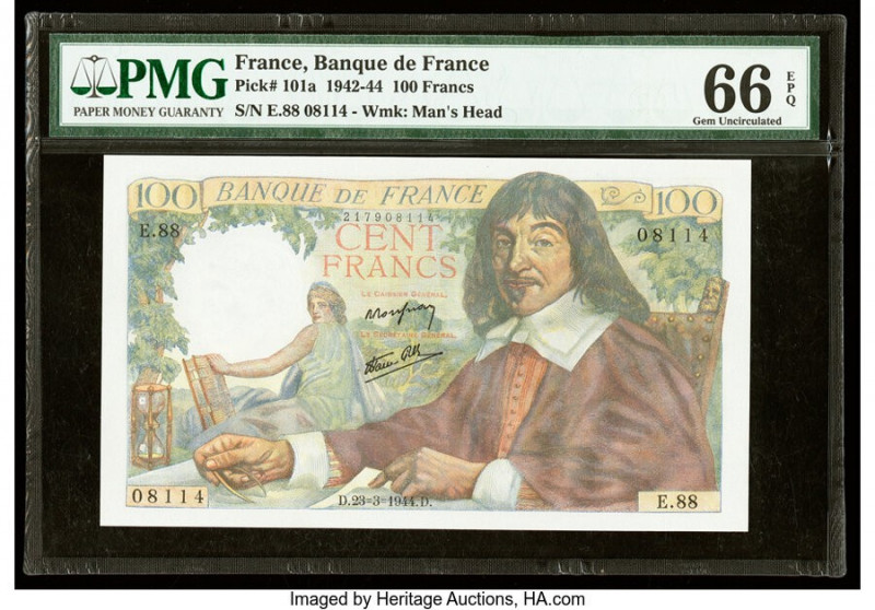 France Banque de France 100 Francs 23.3.1944 Pick 101a PMG Gem Uncirculated 66 E...