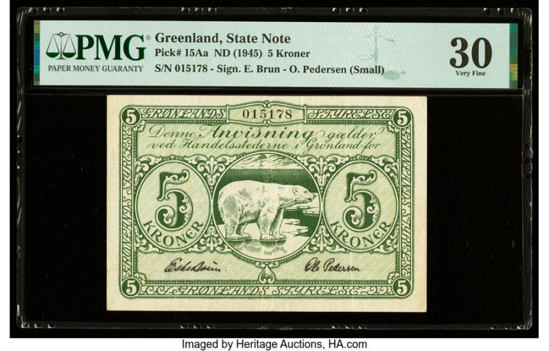 Greenland State Note 5 Kroner ND (1945) Pick 15Aa PMG Very Fine 30. 

HID0980124...