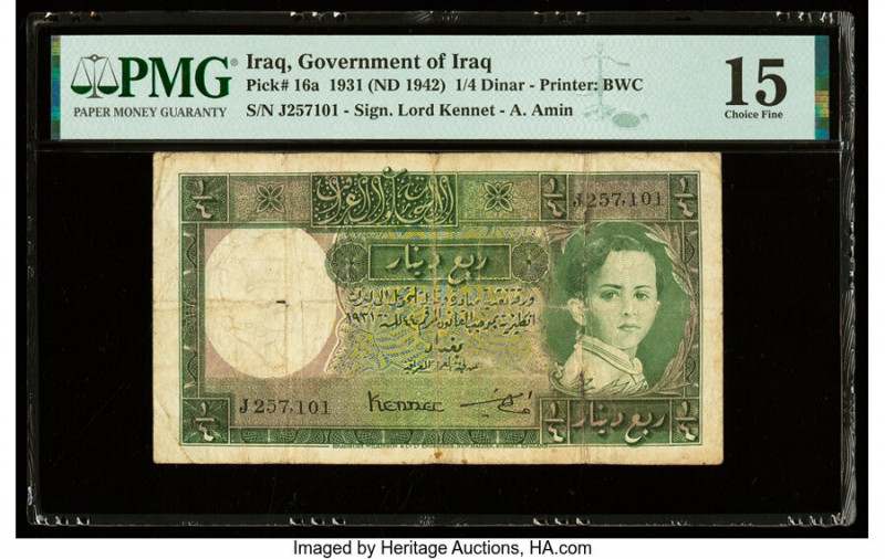 Iraq Government of Iraq 1/4 Dinar 1931 (ND 1942) Pick 16a PMG Choice Fine 15. 

...