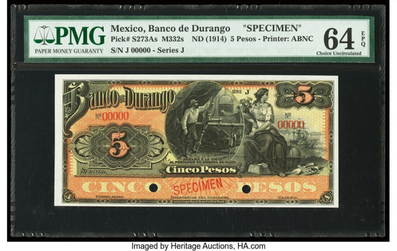 Mexico Banco de Durango 5 Pesos ND (1914) Pick S273As M332s Specimen PMG Choice ...