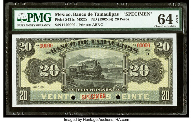 Mexico Banco de Tamaulipas 20 Pesos ND (1902-14) Pick S431s M522s Specimen PMG C...