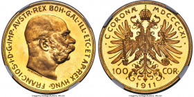 Franz Joseph I gold Prooflike 100 Corona 1911 PL64 Ultra Cameo NGC, Vienna mint, KM2819, Fr-507. A delightfully watery specimen preserved at the cusp ...