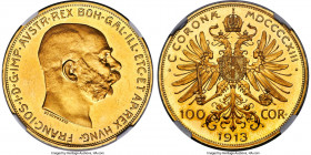 Franz Joseph I gold Prooflike 100 Corona 1913 PL62 Ultra Cameo NGC, Vienna mint, KM2819, Fr-507. One of only 2,696 struck-- the second-lowest mintage ...