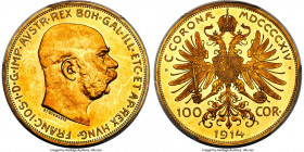 Franz Joseph I gold 100 Corona 1914 MS63 Prooflike PCGS, KM2819, Fr-507. Mintage: 1,195. A challenging and sought-after type, especially when assigned...