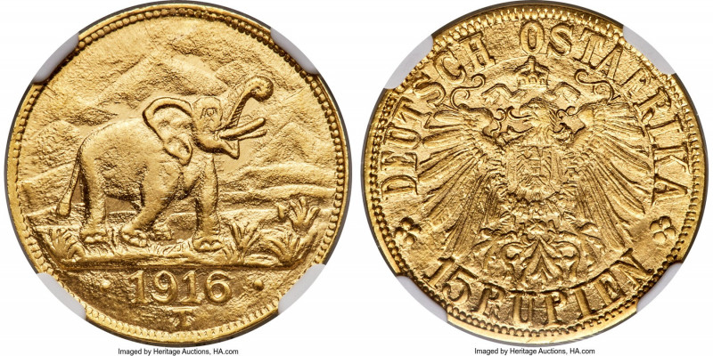 German Colony. Wilhelm II gold 15 Rupien 1916-T MS64 NGC, Tabora mint, KM16.2, J...