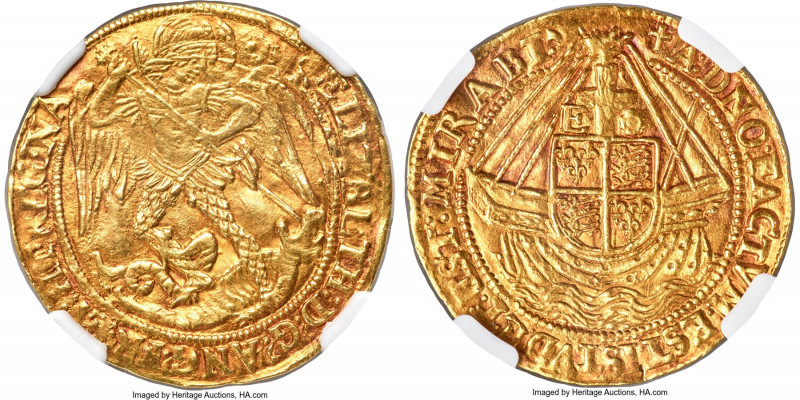 Elizabeth I (1558-1603) gold Angel ND (1580-1581) MS62 NGC, Tower mint, Latin Cr...