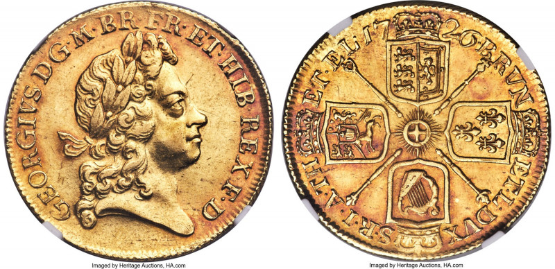 George I gold 2 Guineas 1726 AU58 NGC, KM554, S-3627, Schneider-543. An absolute...