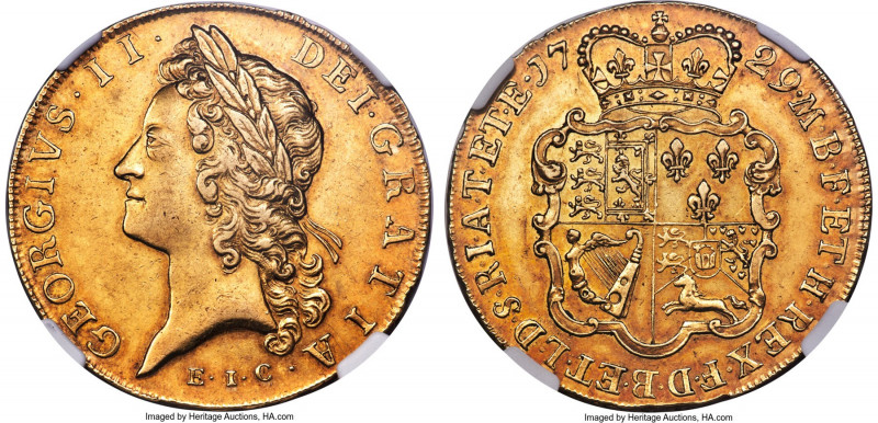 George II gold "East India Company" 5 Guineas 1729 AU58 NGC, KM571.2, S-3664, Sc...