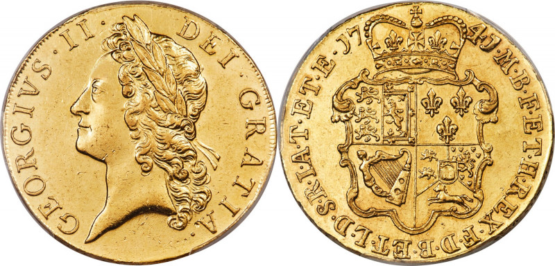 George II gold 5 Guineas 1741/38 AU Details (Repaired) PCGS, KM571.1, S-3663A, S...