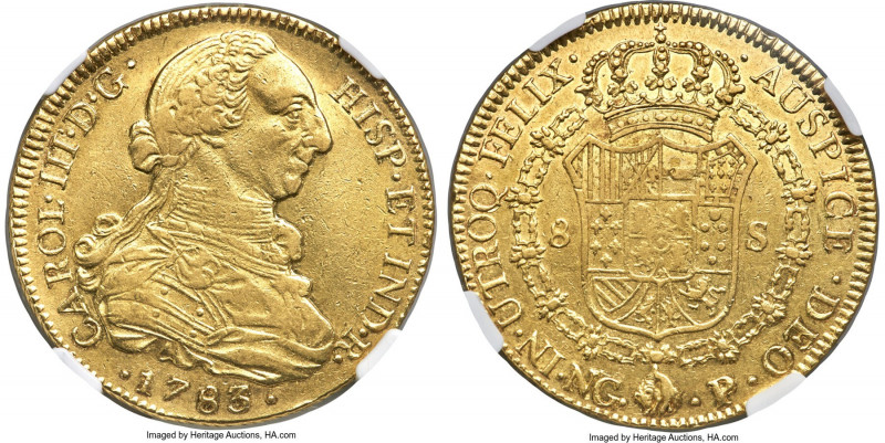 Charles III gold 8 Escudos 1783 NG-P AU50 NGC, Nueva Guatemala mint, KM40, VQR-U...