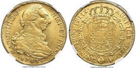 Charles III gold 8 Escudos 1783 NG-P AU50 NGC, Nueva Guatemala mint, KM40, VQR-Unl., Chaves-31, Cay-12944, Cal-1911, Onza-671 (Extremely Rare). An inc...