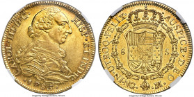 Charles III gold 8 Escudos 1785 NG-M AU58 NGC, Nueva Guatemala mint, KM40, VQR-Unl., Chaves-32 var. (different die state), Cay-12967, Cal-1912, Onza-6...