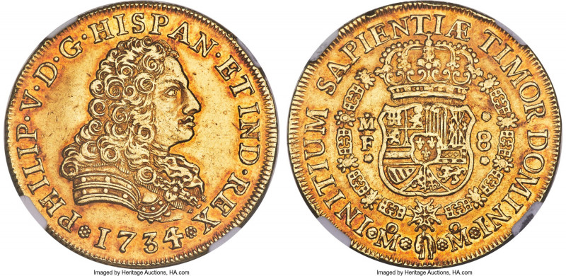 Philip V gold 8 Escudos 1734/3 Mo-MF AU58 NGC, Mexico City mint, KM148, Cal-2230...