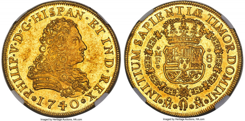 Philip V gold 8 Escudos 1740/30 Mo-MF MS62 NGC, Mexico City mint, KM148, Cal-224...