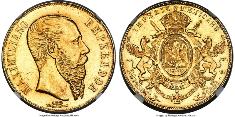 Maximilian gold 20 Pesos 1866-Mo MS62+ NGC, Mexico City mint, KM389, Fr-62, Grov...