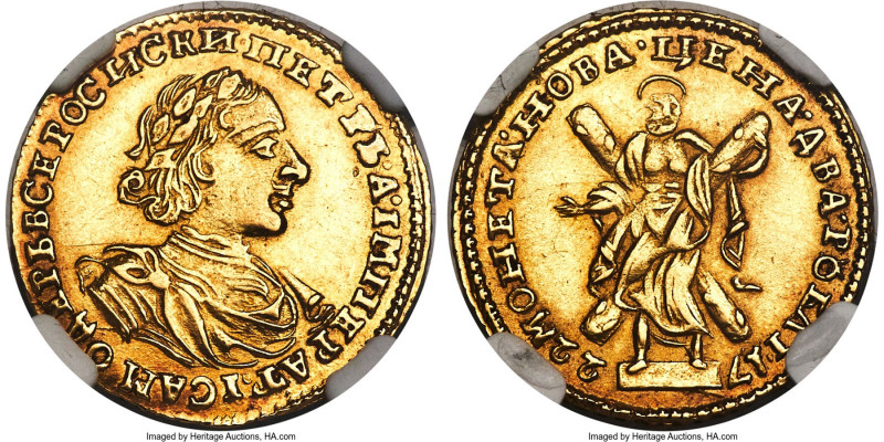 Peter I gold 2 Roubles 1722 AU55 NGC, Krasny mint, KM158.6, Bit-140 (R), Petrov-...