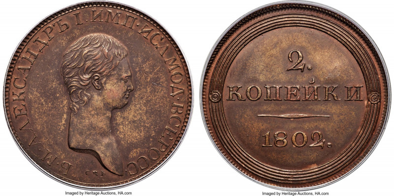 Alexander I copper "Portrait" Novodel 2 Kopecks 1802-CПБ MS64 Brown PCGS, St. Pe...