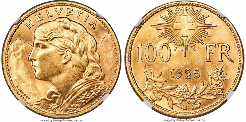 Confederation gold 100 Francs 1925-B MS64 NGC, Bern mint, KM39, Fr-502, HMZ-2-11...