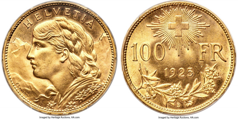 Confederation gold 100 Francs 1925-B MS64 PCGS, Bern mint, KM39, Fr-502, HMZ-2-1...