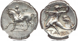 CALABRIA. Tarentum. Ca. 281-240 BC. AR stater or didrachm (20mm, 6.31 gm, 12h). NGC Choice AU 5/5 - 4/5. Lykinos, magistrate. Nude rider crowning hors...