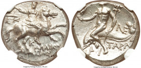 CALABRIA. Tarentum. Ca. 240-228 BC. AR stater or didrachm (20mm, 6.39 gm, 12h). NGC MS 4/5 - 4/5. Callicrates, Epicr- and Ne-, magistrates. Armored wa...