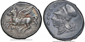 BRUTTIUM. Locri Epizephyrii. Ca. 350-275 BC. AR stater (23mm, 8.58 gm, 4h). NGC Choice VF 5/5 - 3/5. Ca. 317-310 BC. Pegasus flying left, horizontal t...