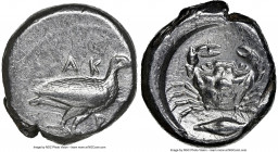 SICILY. Acragas. Ca. 500-470 BC. AR didrachm (19mm, 8.53 gm, 5h). NGC XF 4/5 - 4/5. AK/PA, eagle with closed wings standing right / Crab seen from abo...