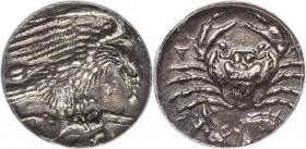 SICILY. Acragas. Ca. 420-410 BC. AR hemidrachm (14mm, 1.55 gm, 12h). ANACS XF 40. Eagle flying right, clutching hare in talons / A-K, crab seen from a...