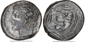 SICILY. Leontini. Ca. 450-420 BC. AR tetradrachm (25mm, 17.36 gm, 9h). NGC Choice AU 4/5 - 3/5, Fine Style, flan flaws, brushed. Laureate head of Apol...