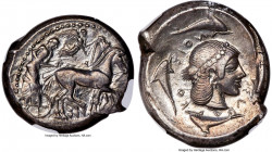 SICILY. Syracuse. Deinomenid Tyranny, Hieron I (ca. 475-470 BC). AR tetradrachm (25mm, 17.41 gm, 10h). NGC Choice VF 4/5 - 5/5. Charioteer driving wal...