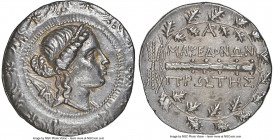 MACEDON UNDER ROME. First Meris. Ca. 167-148 BC. AR tetradrachm (30mm, 16.95 gm, 12h). NGC XF 4/5 - 4/5. Ca. 158-150 BC. Bust of Artemis right, wearin...