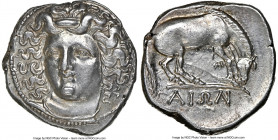 THESSALY. Larissa. 4th century BC. AR drachm (19mm, 6.09 gm, 5h). NGC Choice AU 4/5 - 5/5, Fine Style. Head of nymph Larissa facing, turned slightly l...