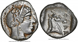 THESSALY. Pharsalus. Ca. 450-350 BC. AR hemidrachm (15mm, 2.90 gm, 8h). NGC MS 4/5 - 3/5, scuffs. Head of Athena right, wearing pendant earring, neckl...