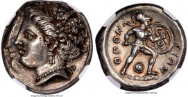 LOCRIS. Locris Opuntia. Ca. 380-338 BC. AR stater (23mm, 12.06 gm, 3h). NGC AU 4/5 - 3/5, die shift. Head of Demeter left, hair wreath in grain ears, ...