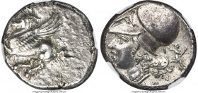 CORINTHIA. Corinth. Ca. 4th century BC. AR stater (20mm, 8.59 gm, 12h). NGC Choice XF 3/5 - 4/5. Ca. 375-345 BC. Pegasus flying left, Ϙ below / Head o...