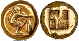 MYSIA. Cyzicus. Ca. 500-450 BC. EL stater (18mm, 15.87 gm). NGC Choice Fine 5/5 - 4/5. Hoplite crouching right, nude but for Corinthian helmet, large ...