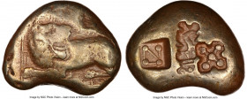 IONIA. Miletus. Ca. 600-550 BC. EL stater (21mm, 13.78 gm). NGC Fine 4/5 - 3/5. Lydo-Milesian standard. Male lion recumbent left, head reverted, mouth...