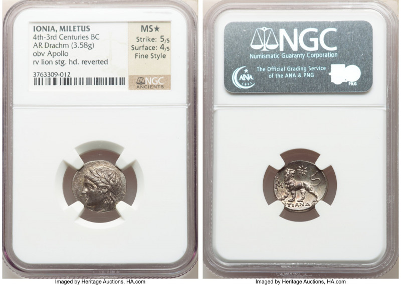 IONIA. Miletus. Ca. 4th-3rd centuries BC. AR drachm (17mm, 3.58 gm, 12h). NGC MS...