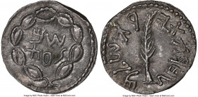 JUDAEA. Bar Kokhba Revolt (AD 132-135). AR zuz (18mm, 3.39 gm, 1h). NGC Choice XF 5/5 - 4/5. Undated issue of Year 3 (AD 134/5). Simon (Paleo-Hebrew),...