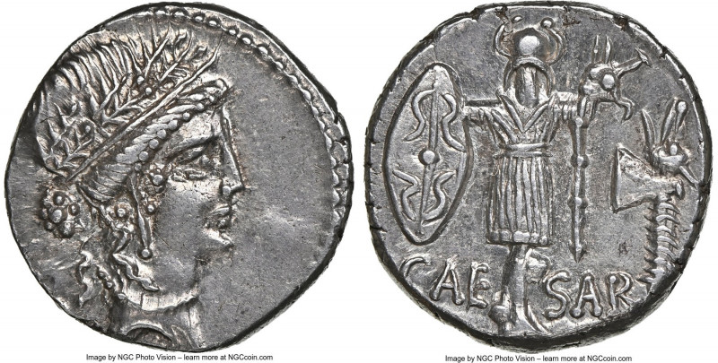 Julius Caesar, as Dictator (49-44 BC). AR denarius (17mm, 4.42 gm, 10h). NGC AU ...