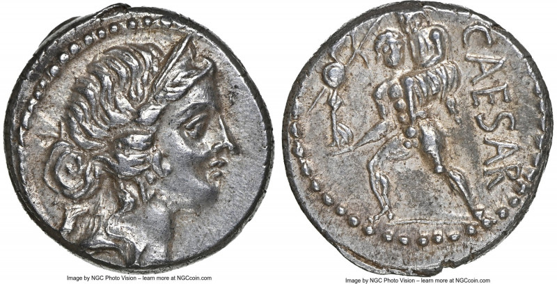 Julius Caesar, as Dictator (49-44 BC). AR denarius (16mm, 3.83 gm, 6h). NGC AU 5...