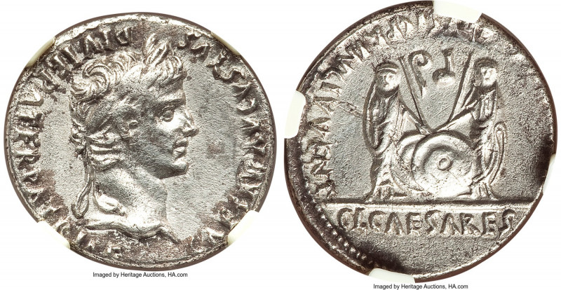 Augustus (27 BC-AD 14). AR denarius (20mm, 3.58 gm, 7h). NGC AU 4/5 - 2/5. Lugdu...