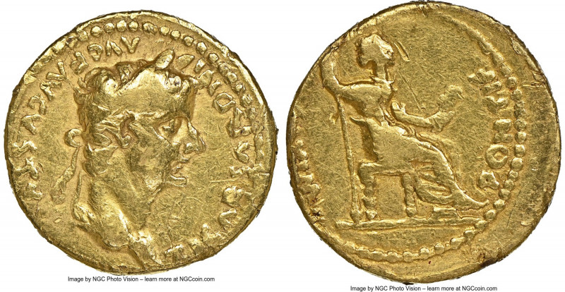 Tiberius (AD 14-37). AV aureus (19mm, 7.45 gm, 8h). NGC Choice Fine 4/5 - 1/5, e...