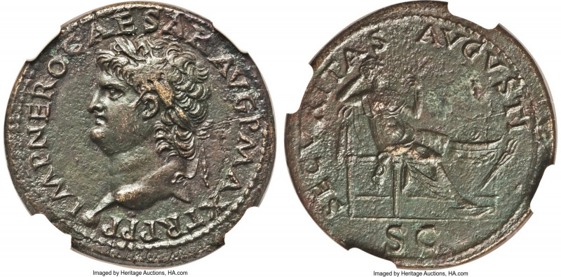 Nero (AD 54-68). AE as (29mm, 11.20 gm, 7h). NGC XF 5/5 - 3/5. Lugdunum, ca. AD ...