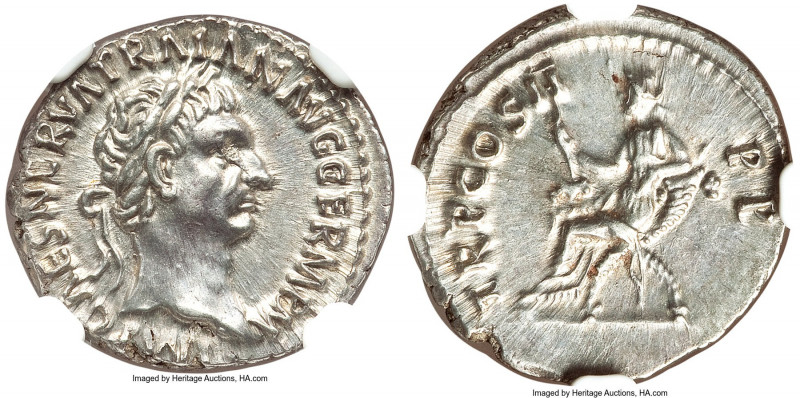 Trajan (AD 98-117). AR denarius (19mm,3.23gm 6h). NGC MS S 5/5 - 5/5. Rome, AD 9...