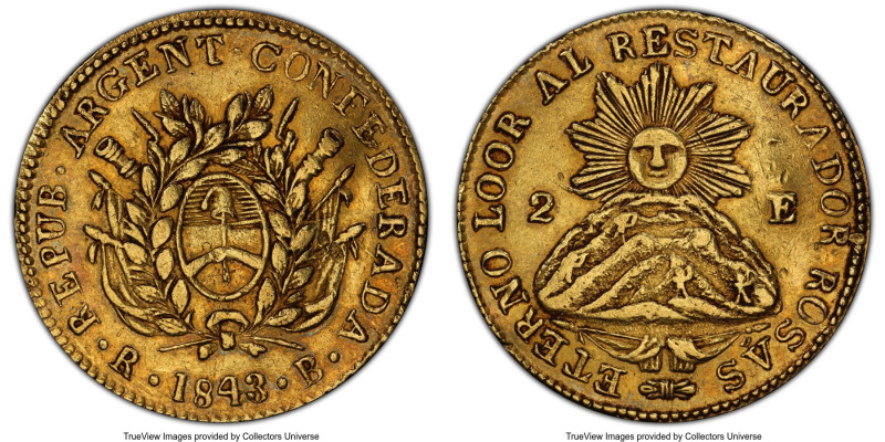 La Rioja. Republic gold 2 Escudos 1843-RB AU50 PCGS, La Rioja mint, KM17, Janson...