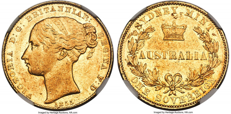 Victoria gold Sovereign 1855-SYDNEY AU53 NGC, Sydney mint, KM2. The inaugural is...